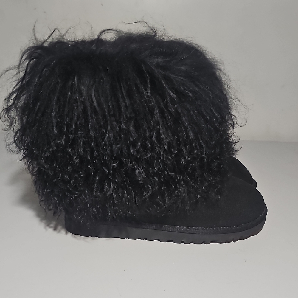 UGG black Mongolian sheepskin cuff boots. 